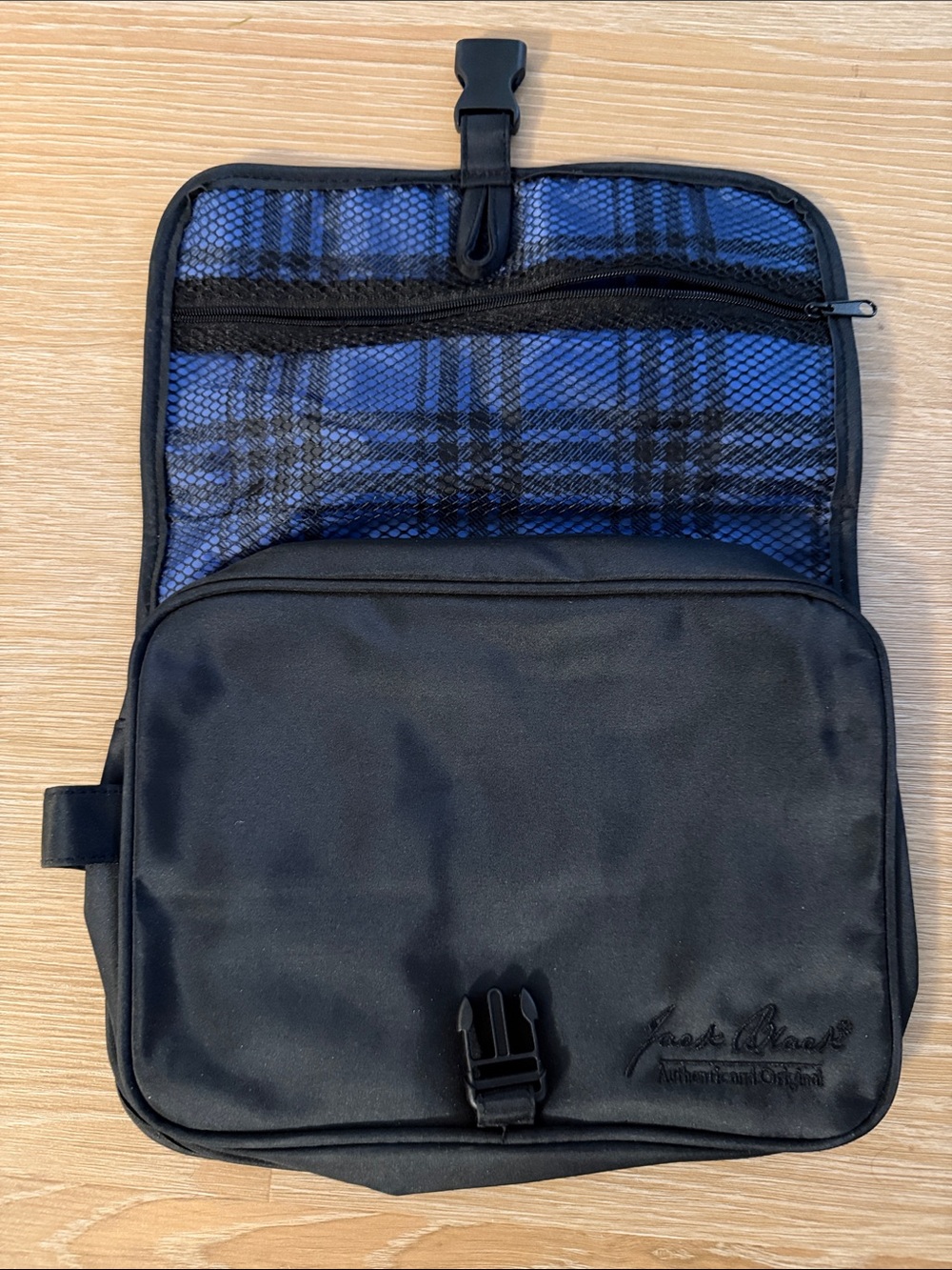 Jack Black Black Toiletry Bag with Blue Plaid Lining